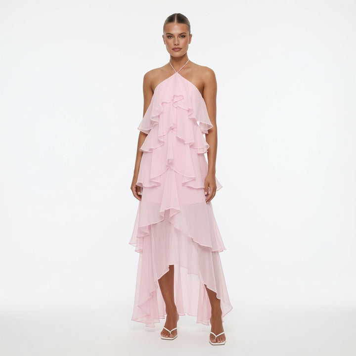 The Elara Cascading Ruffle Halter Dress