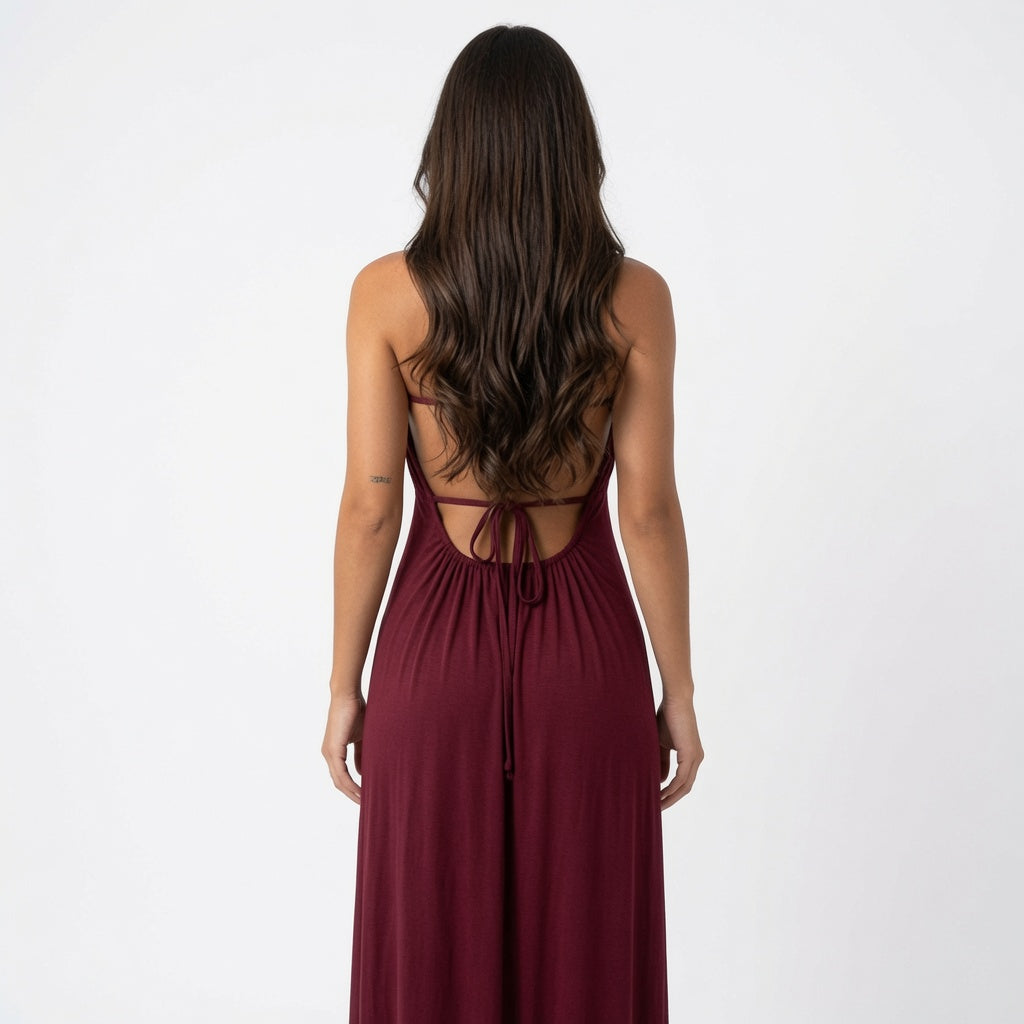 The Elara Ruched Tie Back Maxi Dress