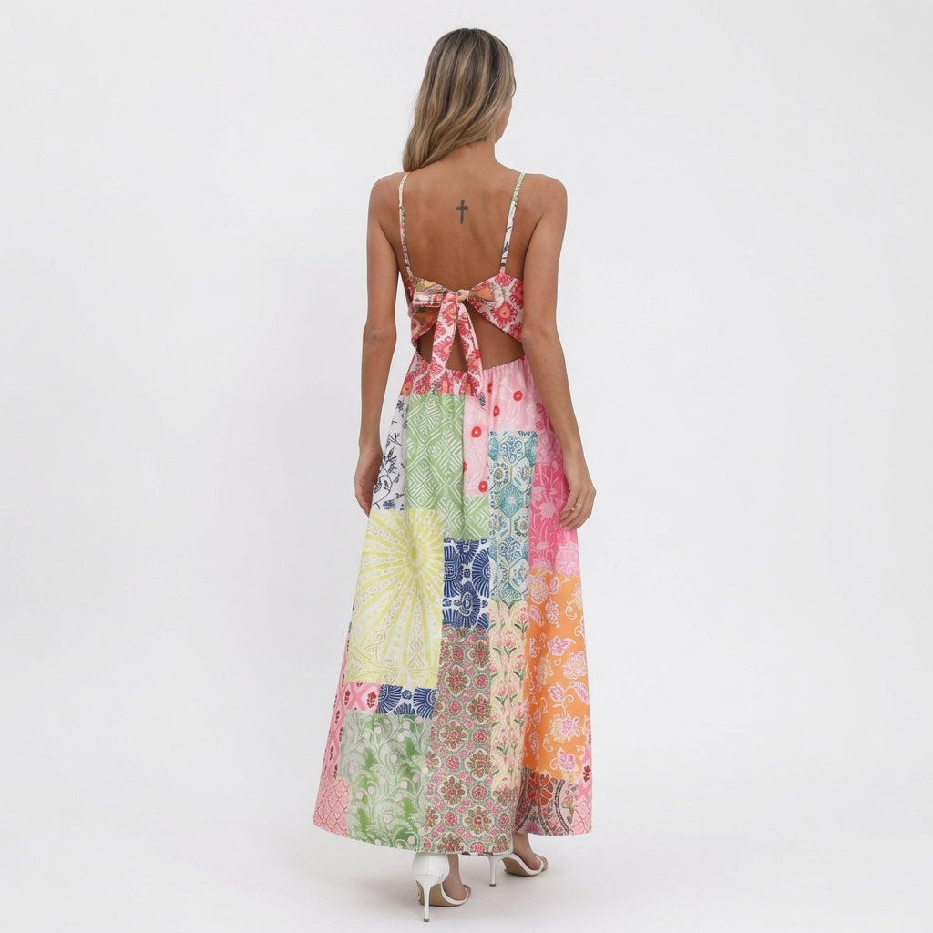 The Elara Bohemian Patchwork Open Back Tie Maxi Dress