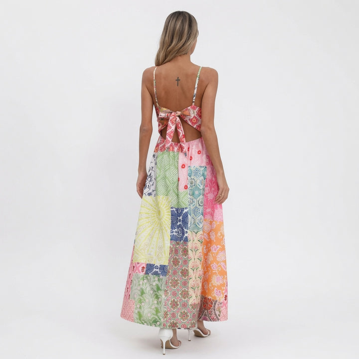 The Elara Bohemian Patchwork Open Back Tie Maxi Dress