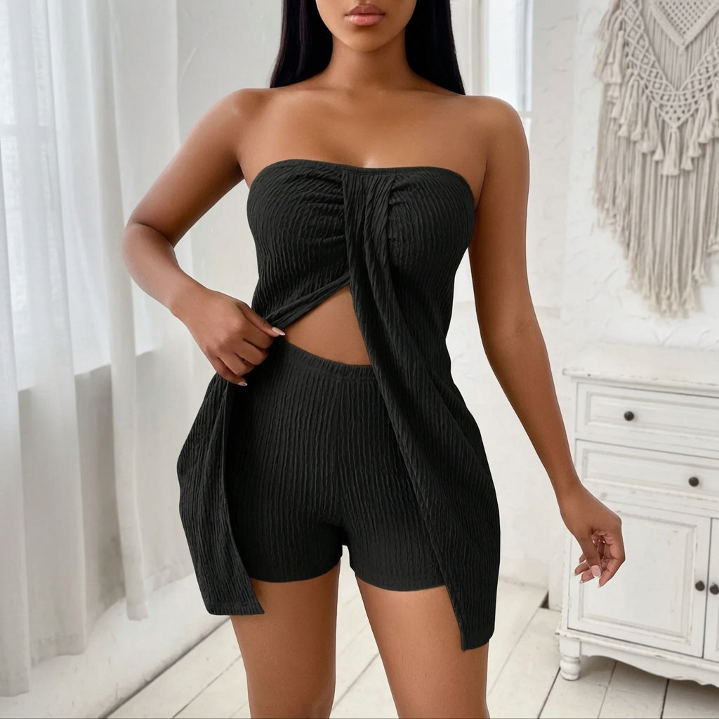 The Elara Textured Twist Front Cutout Top and Shorts Set