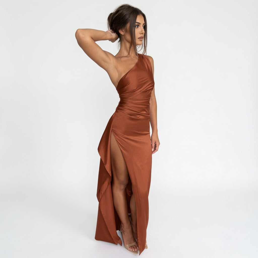 The Elara One Shoulder Satin Ruched Maxi Dress