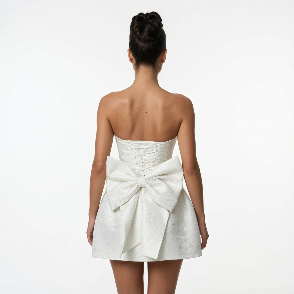 The Elara Grand Bow Jacquard Mini Dress