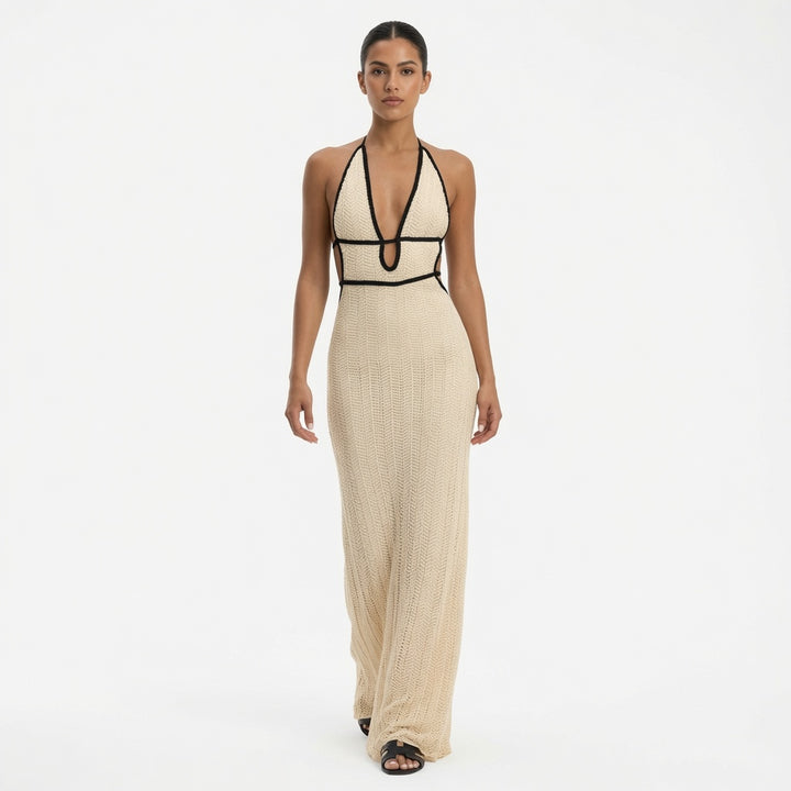 The Elara Contrast Trim Halter Backless Maxi Dress