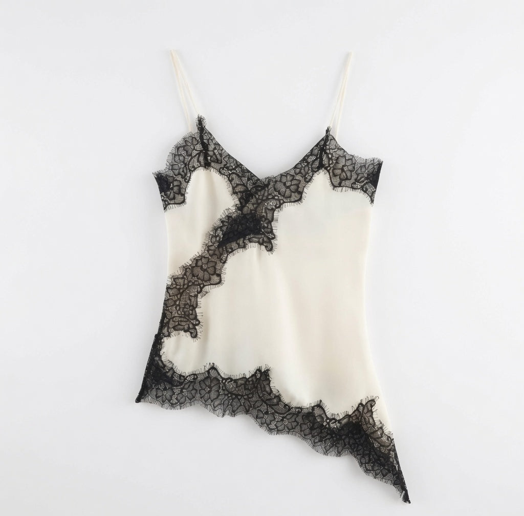 The Elara Asymmetric Satin Lace Cami Top