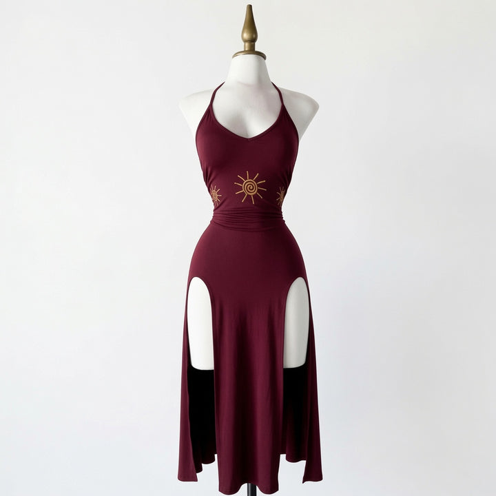 The Elara Sun Embroidered Halter Split Midi Dress