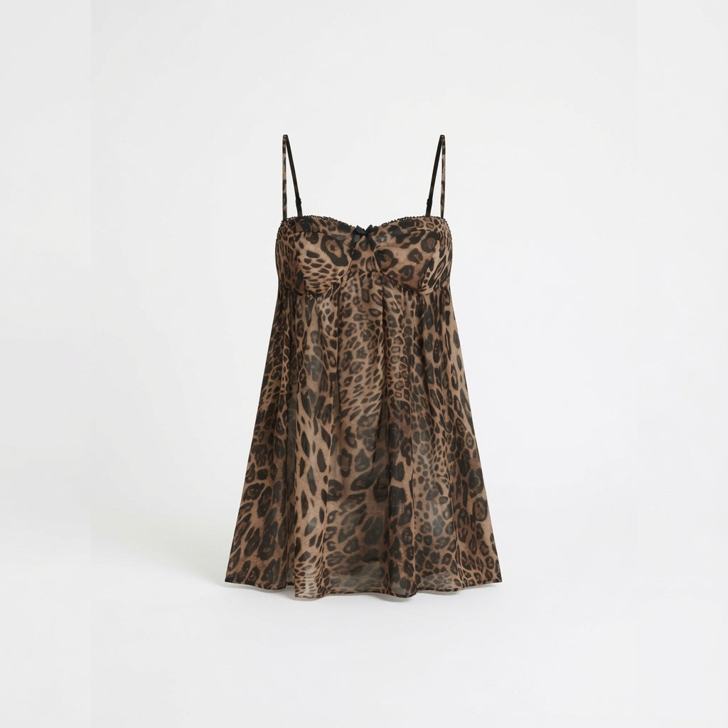 The Elara Sheer Leopard Bowknot Mini Chemise Dress