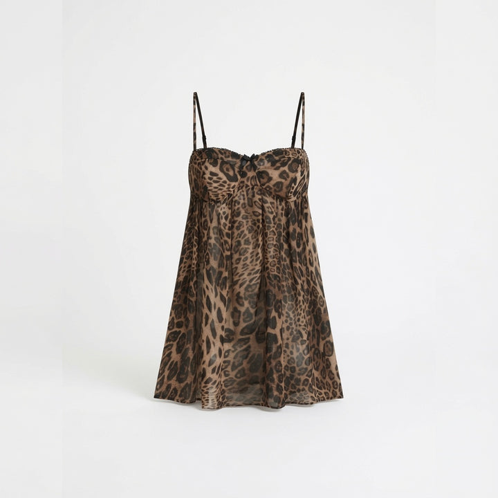 The Elara Sheer Leopard Bowknot Mini Chemise Dress