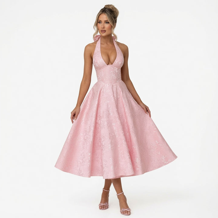 The Elara Romantic Jacquard Halter Dress