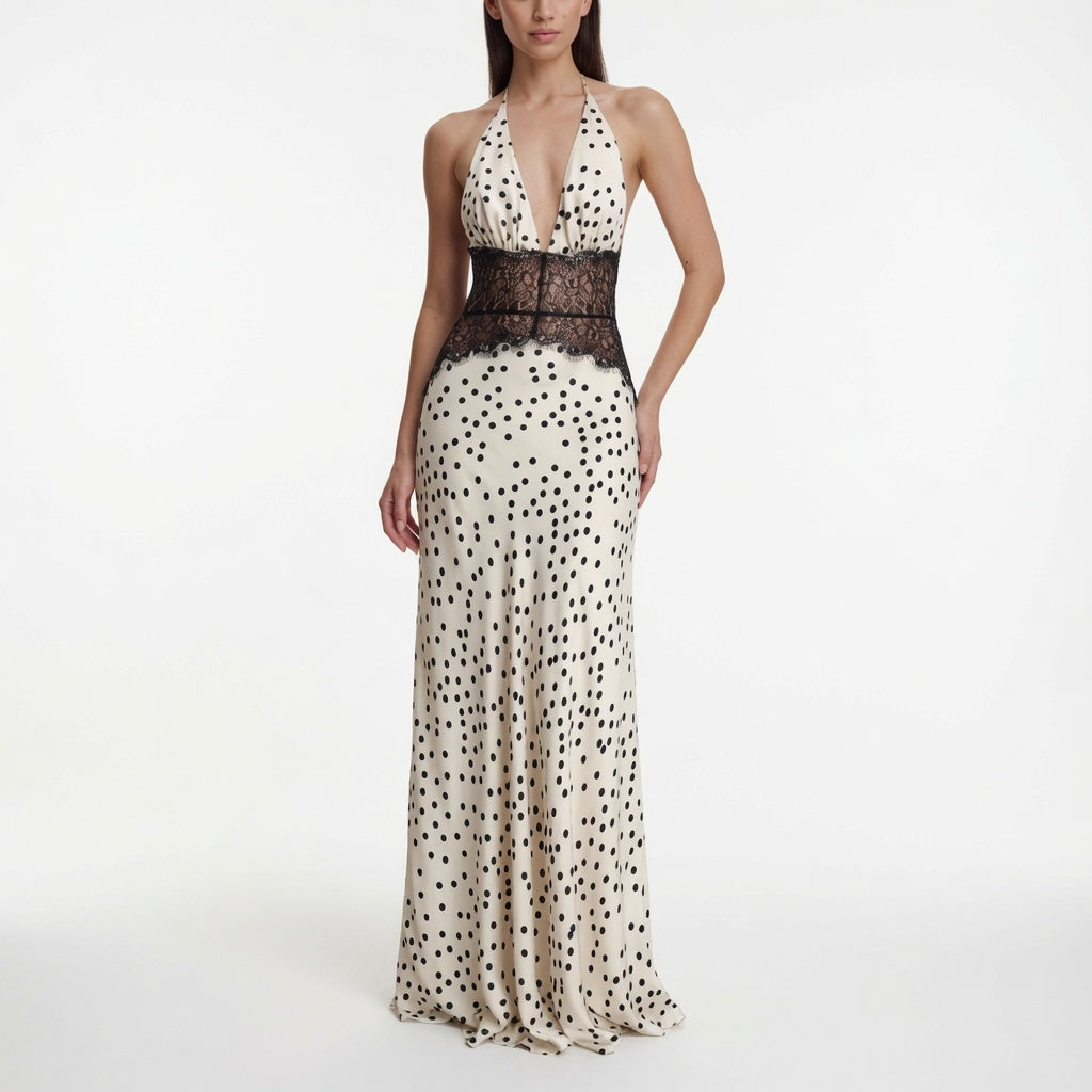 The Elara Lace Polka Dot Maxi Dress
