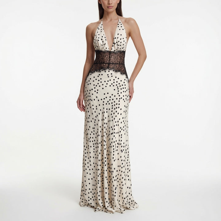 The Elara Lace Polka Dot Maxi Dress
