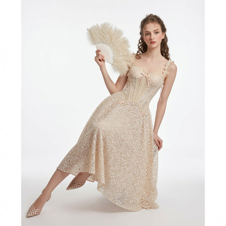 The Elara Gold-Threaded Lace Corset Midi