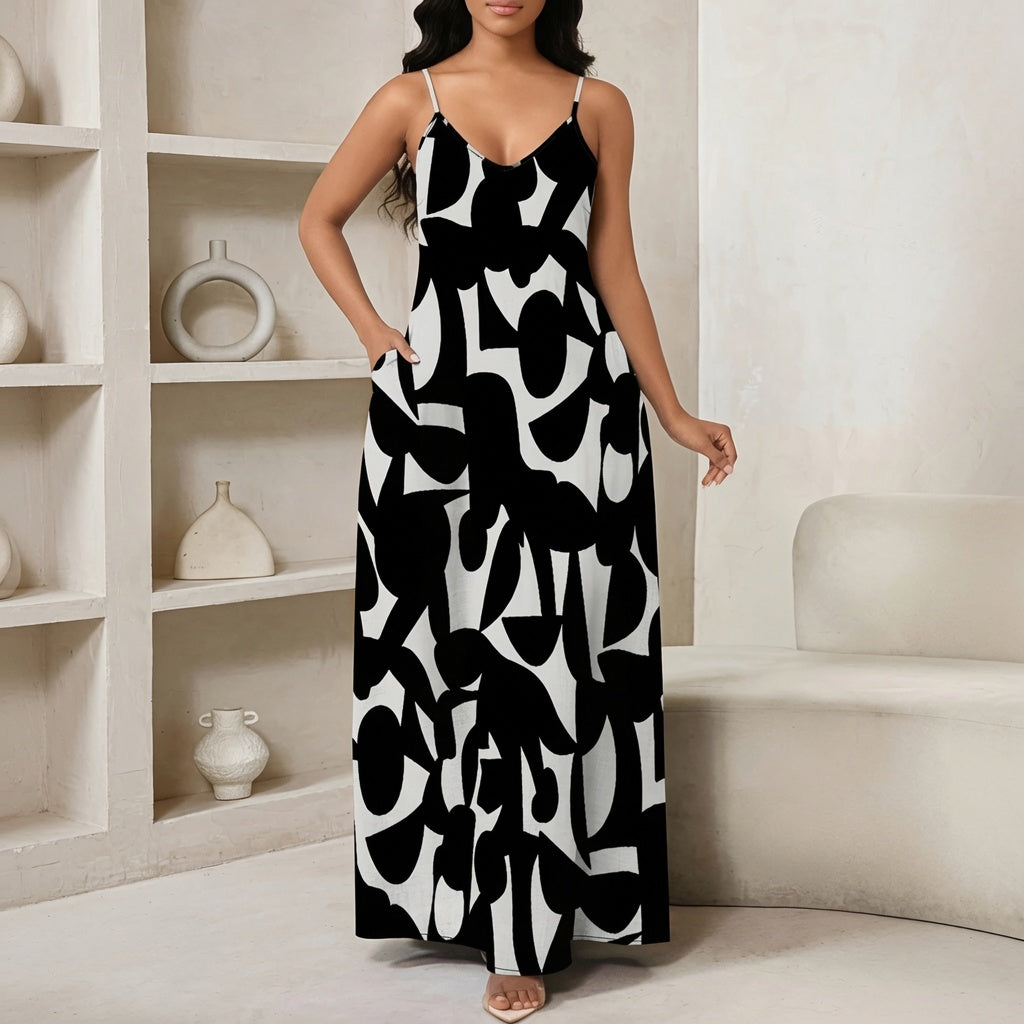 The Elara Loose Fit Graphic Maxi Dress with Pockets