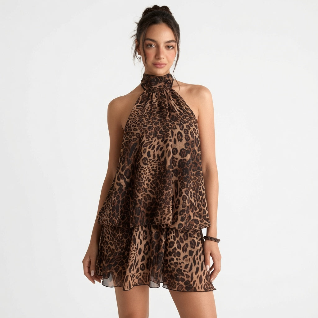 The Elara Leopard Halter Ruffle Mini Dress