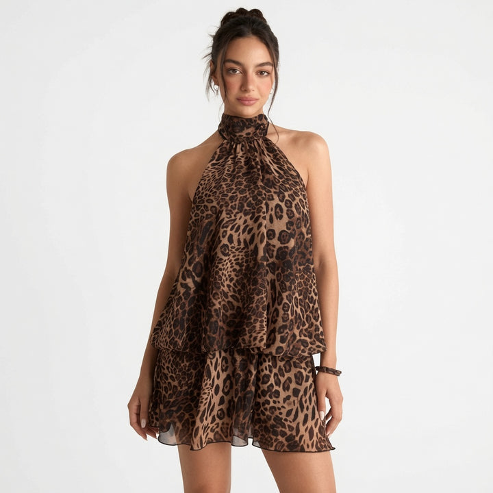 The Elara Leopard Halter Ruffle Mini Dress