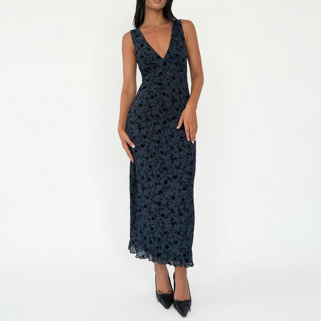 The Elara Floral Velvet Plunge A-Line Dress