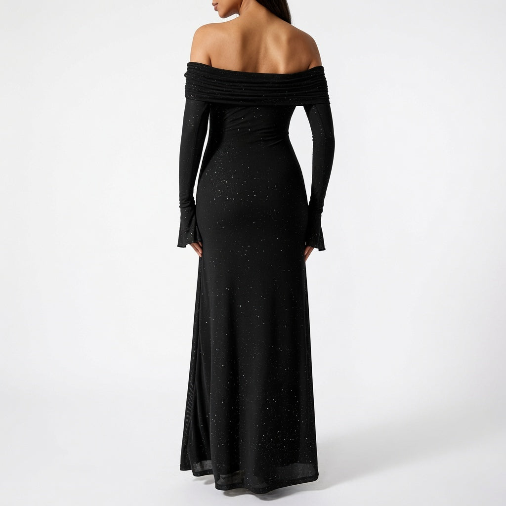 The Elara Stardust Off Shoulder Ruched Maxi Dress
