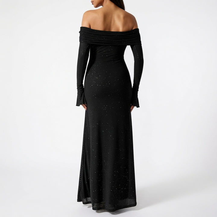 The Elara Stardust Off Shoulder Ruched Maxi Dress