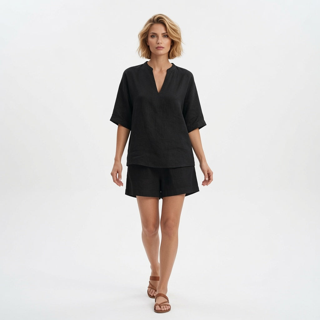 The Elara Linen Breeze Deep V Two Piece Set