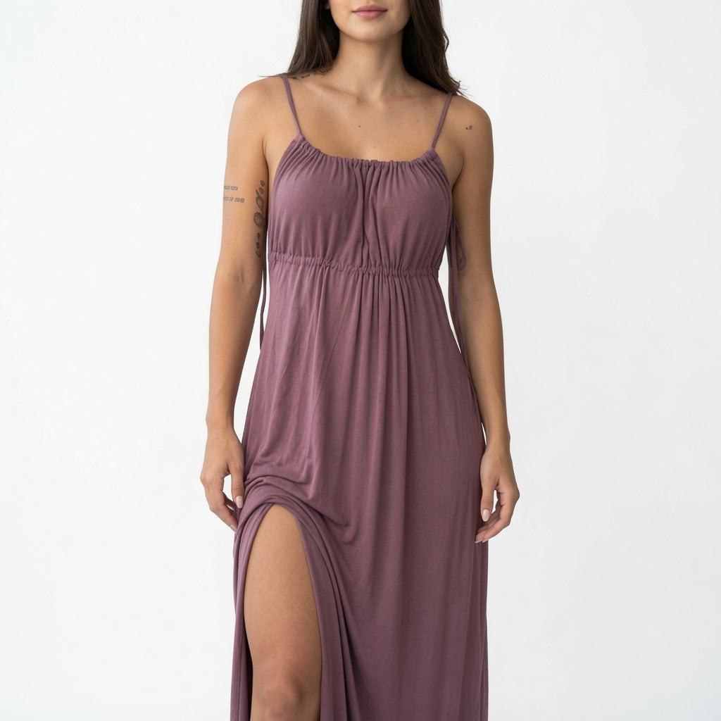 The Elara Ruched Tie Back Maxi Dress