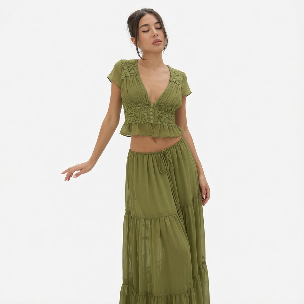 The Elara Lace Ruffle Chiffon Maxi Set
