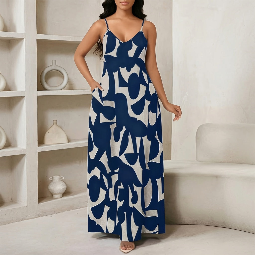 The Elara Loose Fit Graphic Maxi Dress with Pockets