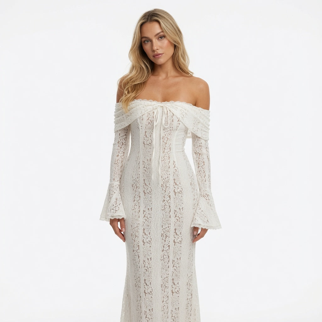 The Elara Lace Off Shoulder Maxi Dress