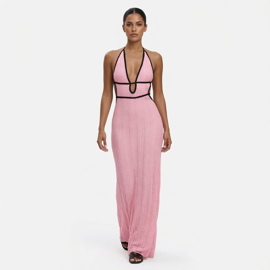 The Elara Contrast Trim Halter Backless Maxi Dress
