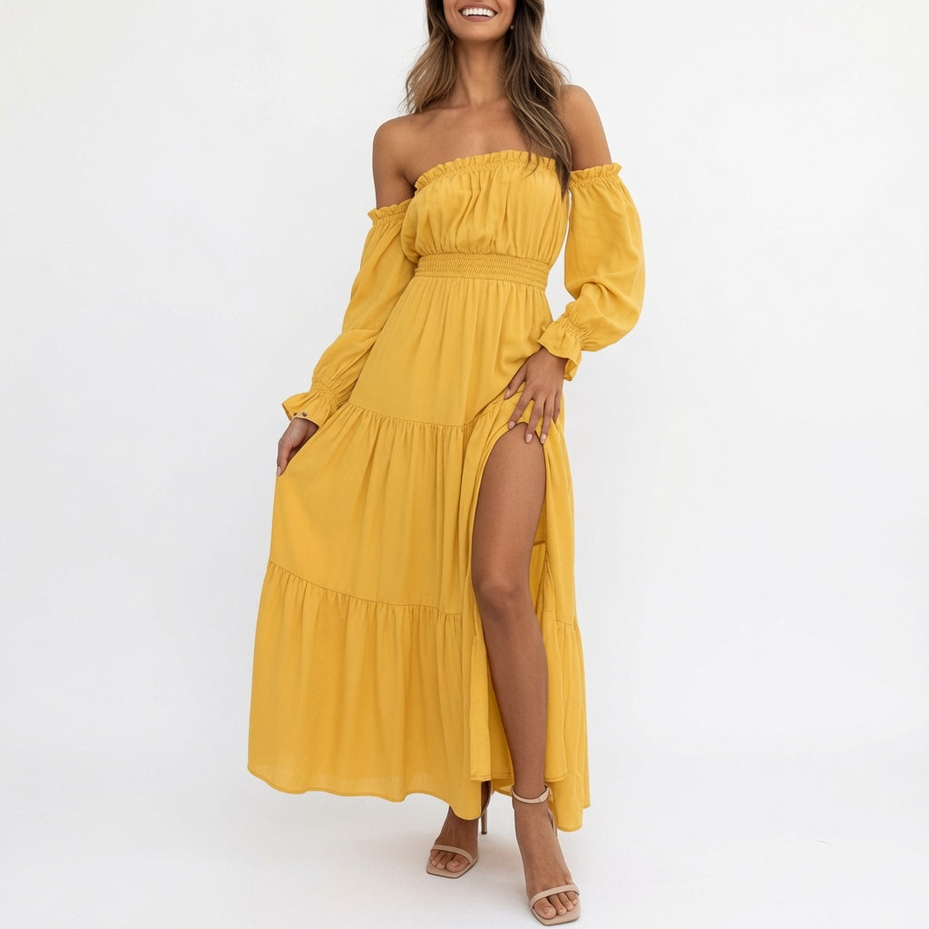 Boho Off-Shoulder Smocked Tiered Maxi Dress