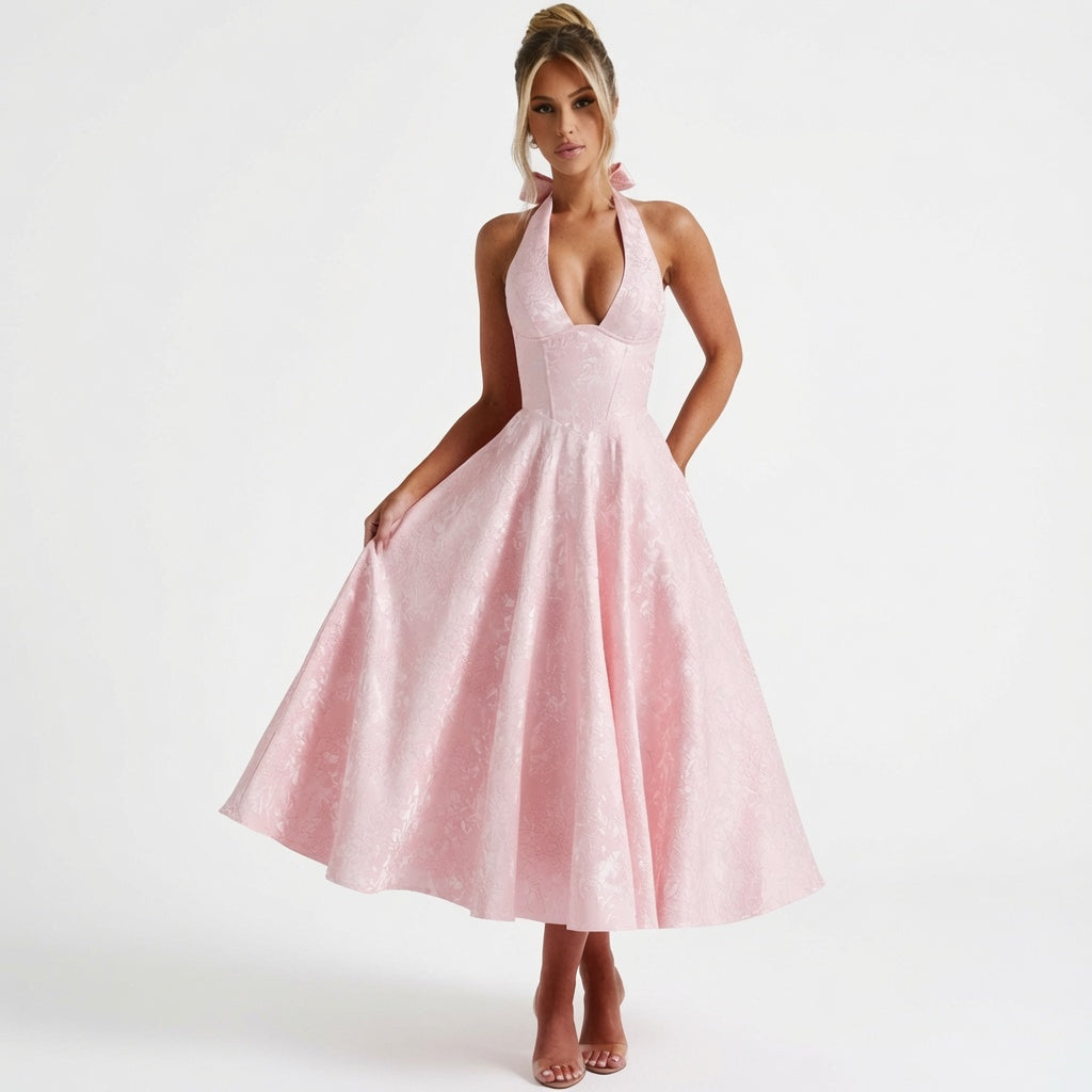 The Elara Romantic Jacquard Halter Dress