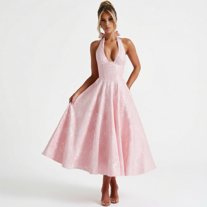 The Elara Romantic Jacquard Halter Dress