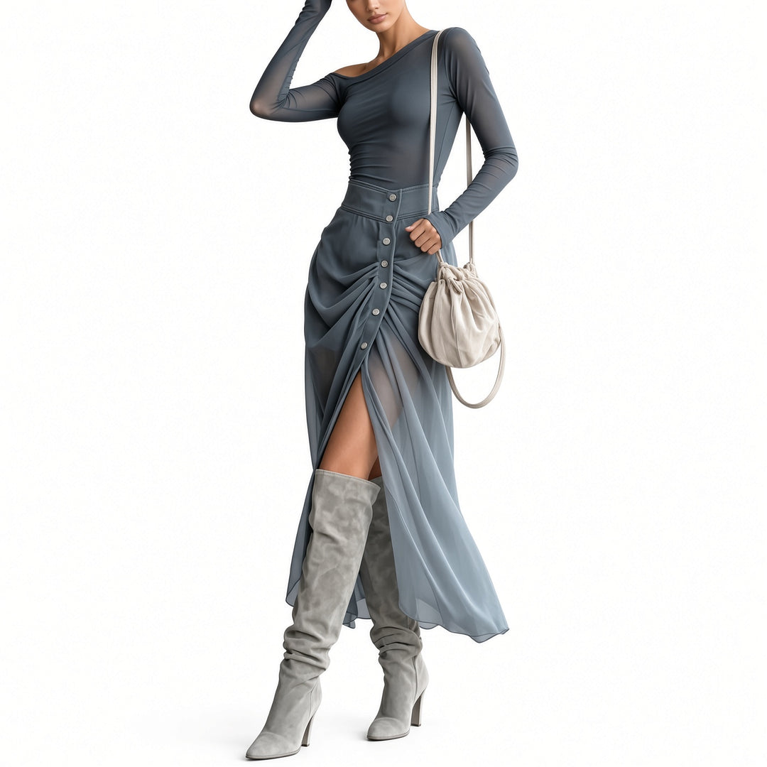 The Elara One-Shoulder Chiffon Two-Piece Set
