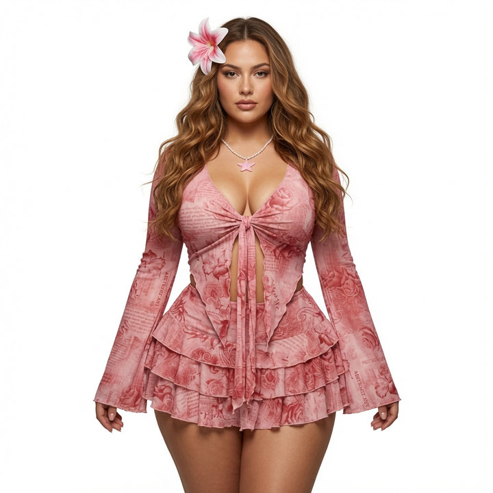 The Elara Romantic Floral Tie-Front Mesh Set