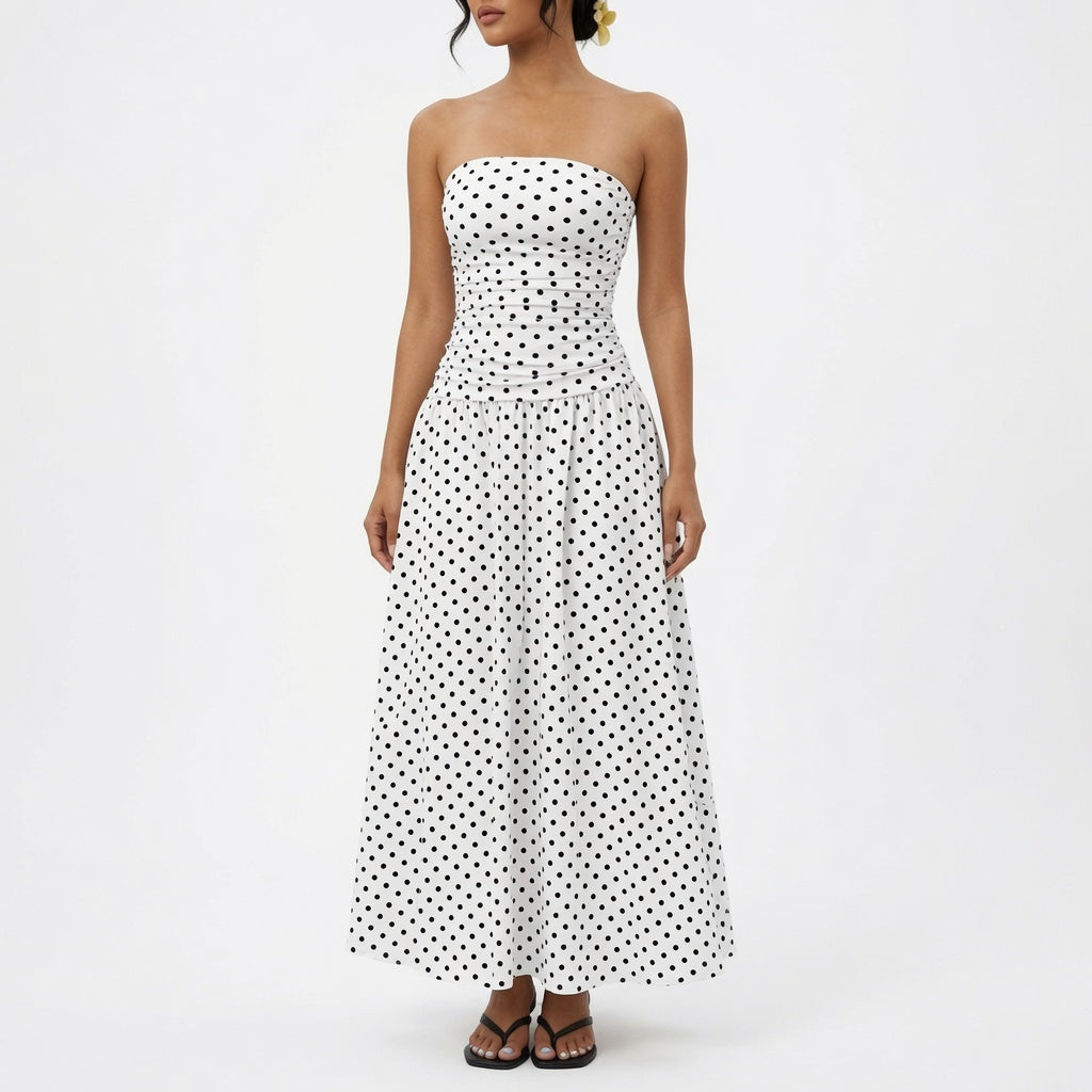 The Elara Stretch Polka Dot Maxi Dress