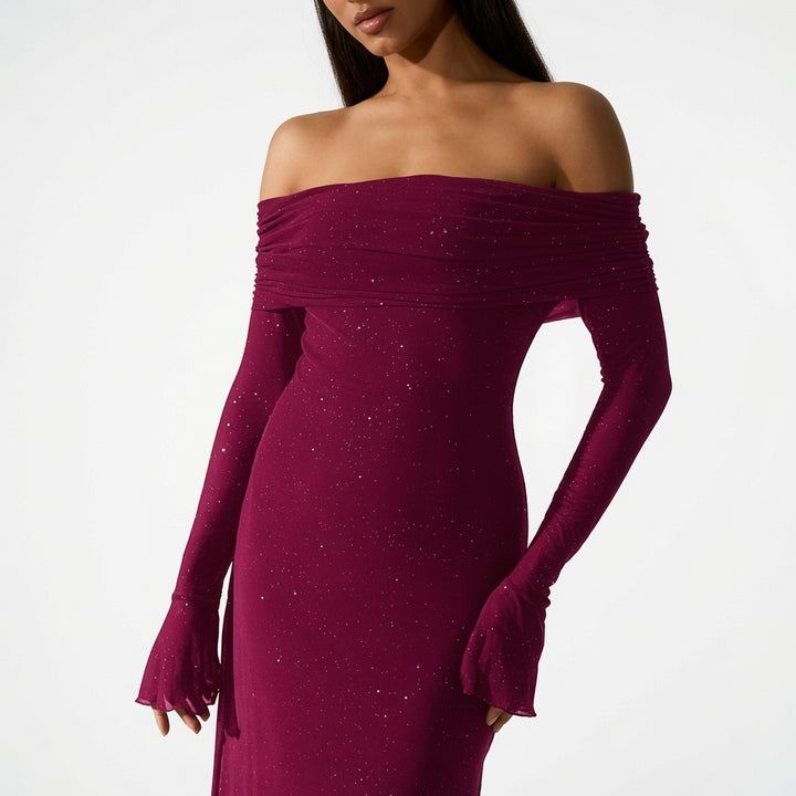 The Elara Stardust Off Shoulder Ruched Maxi Dress