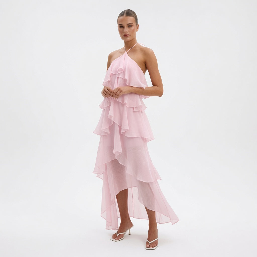 The Elara Cascading Ruffle Halter Dress