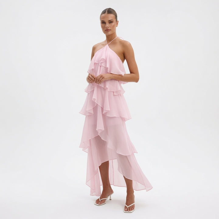 The Elara Cascading Ruffle Halter Dress