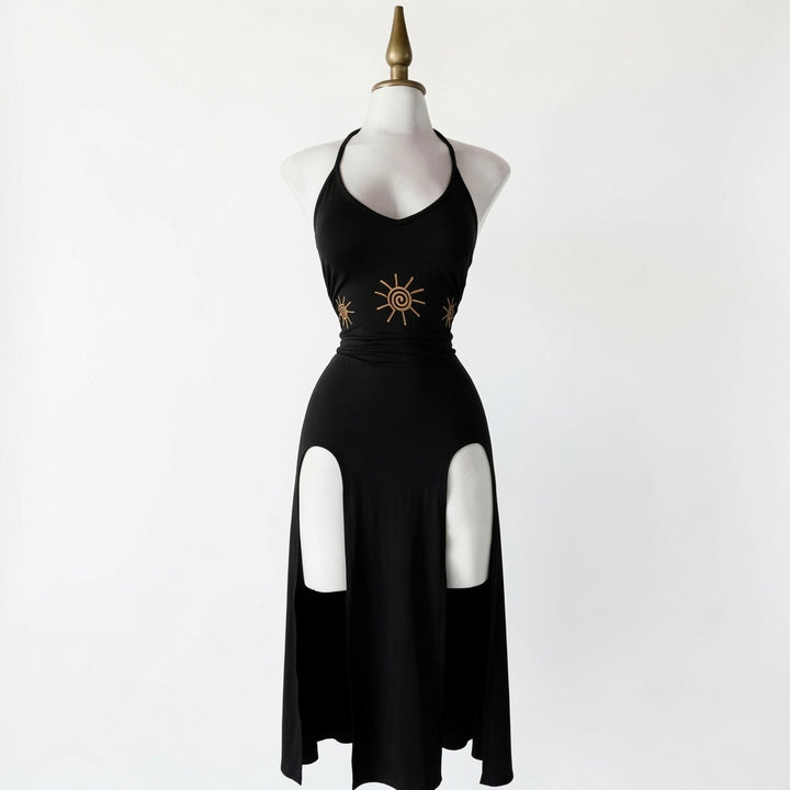 The Elara Sun Embroidered Halter Split Midi Dress