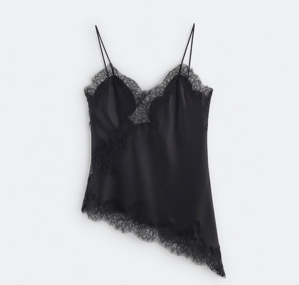 The Elara Asymmetric Satin Lace Cami Top