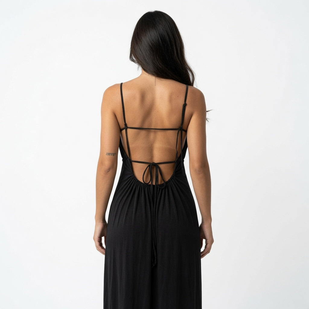 The Elara Ruched Tie Back Maxi Dress
