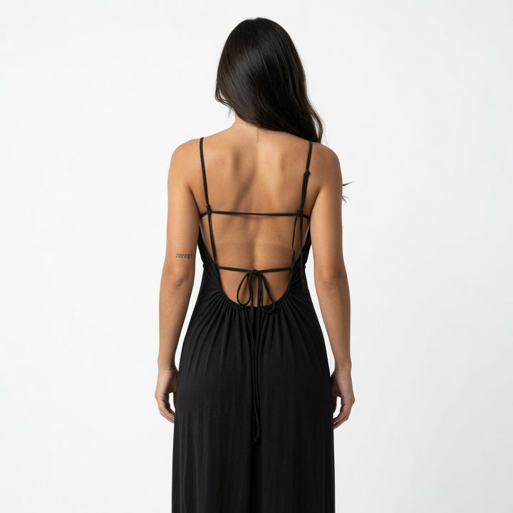 The Elara Ruched Tie Back Maxi Dress