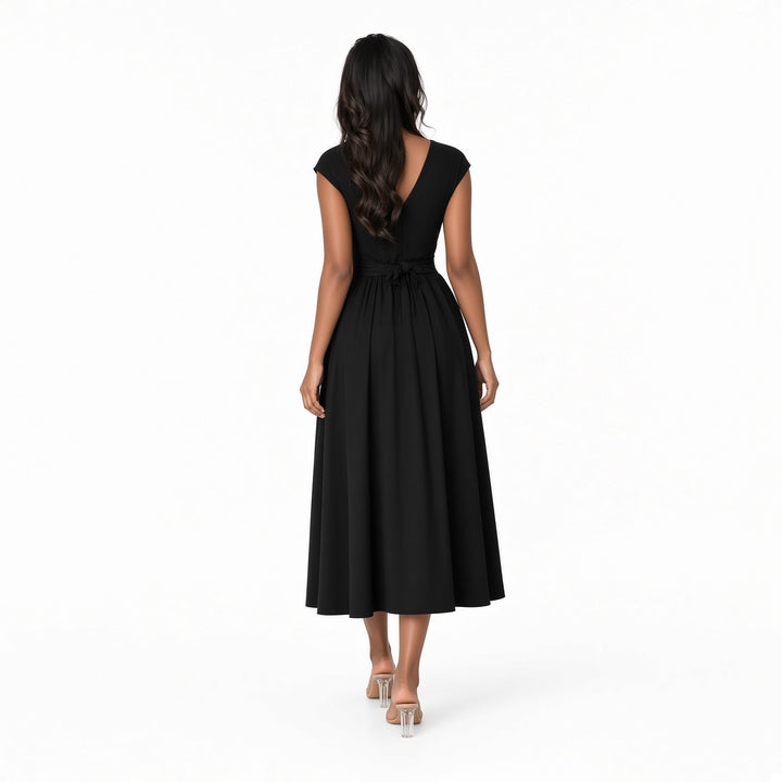 The Elara Padded-Shoulder Tie-Back Midi Dress