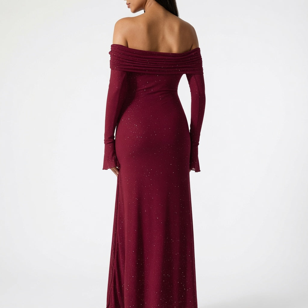 The Elara Stardust Off Shoulder Ruched Maxi Dress