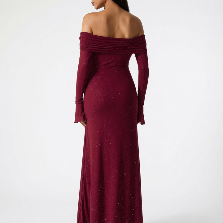 The Elara Stardust Off Shoulder Ruched Maxi Dress
