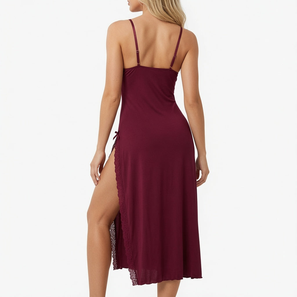 The Elara Lace-Trim Side-Slit Slip Nightgown