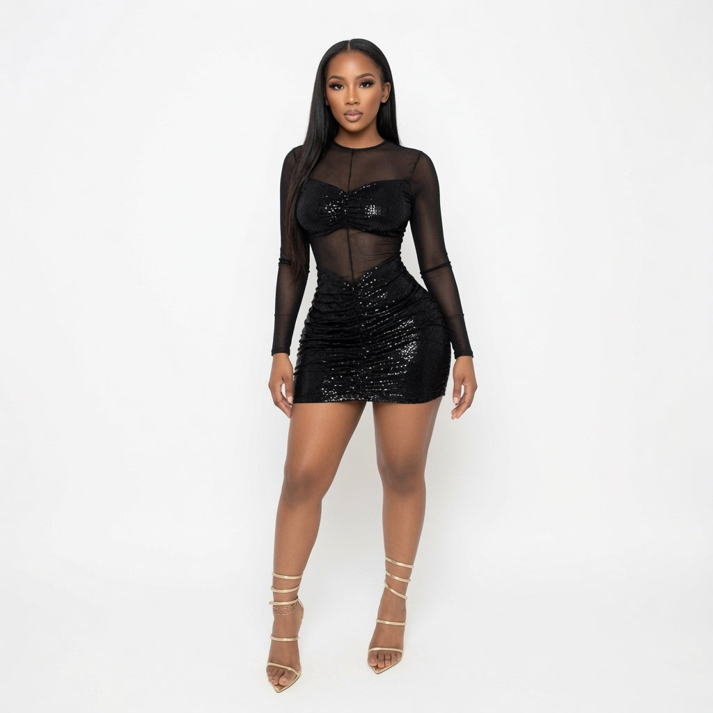 The Elara Sheer Mesh Ruched Bodycon Mini Dress