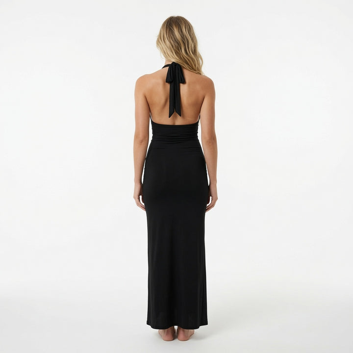 The Elara Celeste Gold Detail Halter Maxi Dress