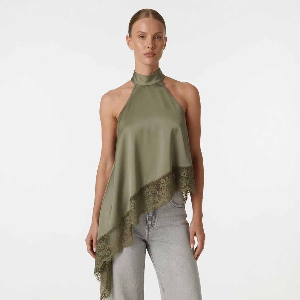 The Elara Satin Lace Halter Top