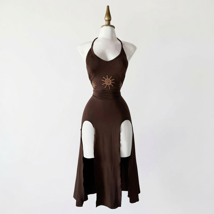 The Elara Sun Embroidered Halter Split Midi Dress