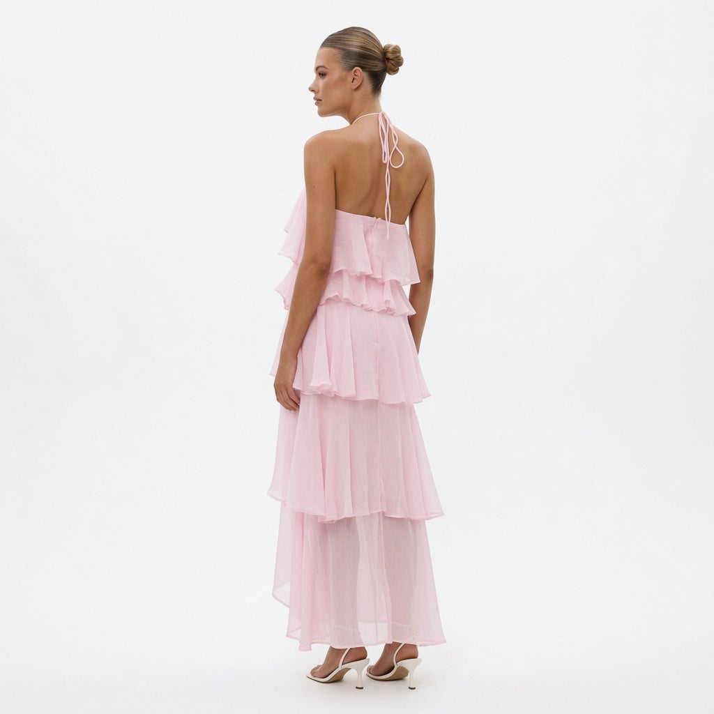 The Elara Cascading Ruffle Halter Dress